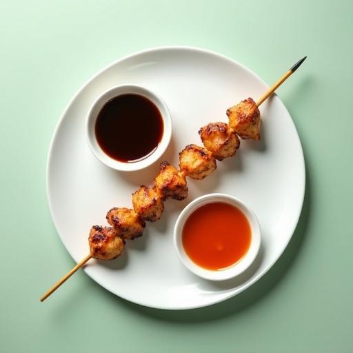 Minimalist food scene features a white round plate with a skewer of grilled pure chicken. Each chicken piece is cut to 1.5 cm thickness. Chicken is aligned on the skewer with no gaps. Pieces are golden brown with grill marks. Plate has two small dipping dishes. One has dark Japanese teriyaki sauce. Other has vibrant red-orange Thai sweet and sour sauce. Background is soft light green. Soft lighting highlights the food. Image is captured from a top-down angle.