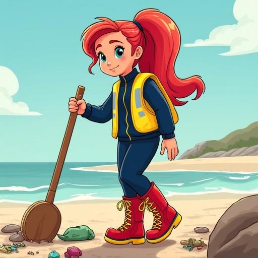 Character helping to pick up litter on the beach. She wears a hi-visibility vest, a navy tracksuit, and shiny red knee-high hiking boots. The scene shows a sunny beach setting with mountains in the background.