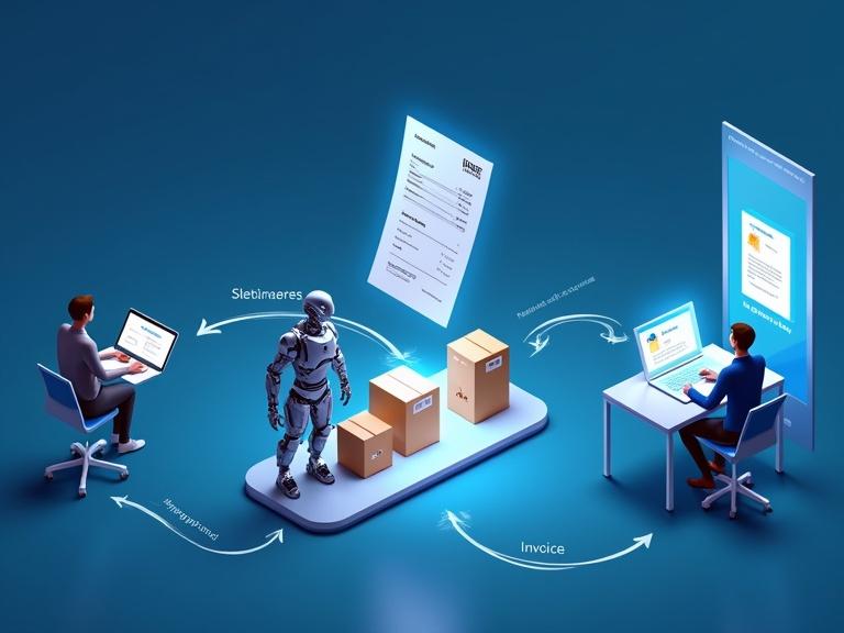 Visual representation of a digital business environment showcasing a sales process in Microsoft Dynamics 365. On the left, a customer uses a tablet to browse and place an order. In the center, a warehouse robot arranges boxes with barcodes. A floating digital invoice displays details. On the right, a consultant reviews the invoice with a payment confirmation notification. Arrows illustrate the steps of Sales Order, Shipment, Invoice, and Payment Received. The design features Microsoft blue colors and sleek aesthetics.