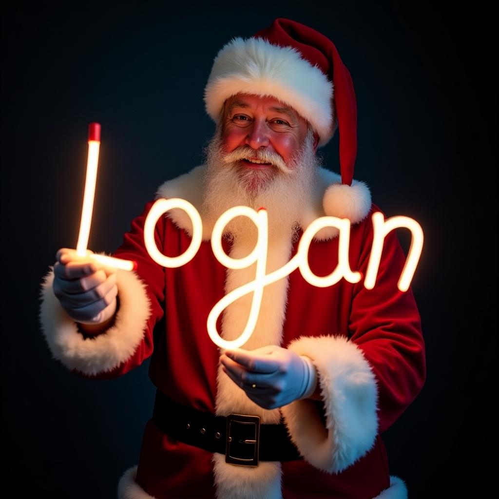 Santa Claus in red and white suit. Holding a glow stick forming the name 'Logan' in bright light. Expression is jolly. Dark background enhances the glow. Captures Christmas magic and joy.