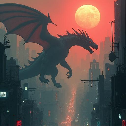 A Lovecraftian dragon threatens a cyberpunk city. The scene features a vivid red sky. The dragon has large wings and menacing features. The city skyline shows futuristic architecture. A full moon rises in the background.