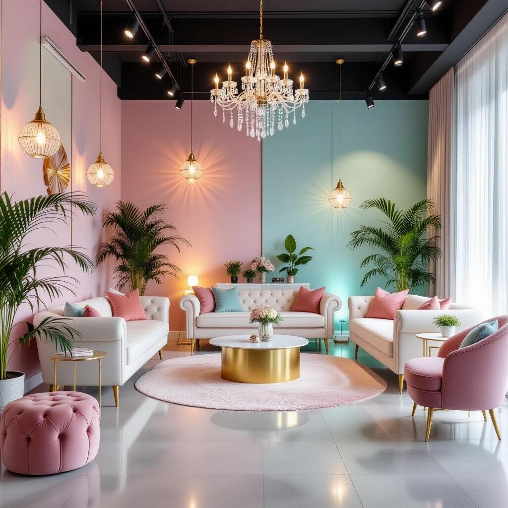 A sophisticated event space decorated for women. High-quality realistic design. Beautiful colors harmonizing with the decor.