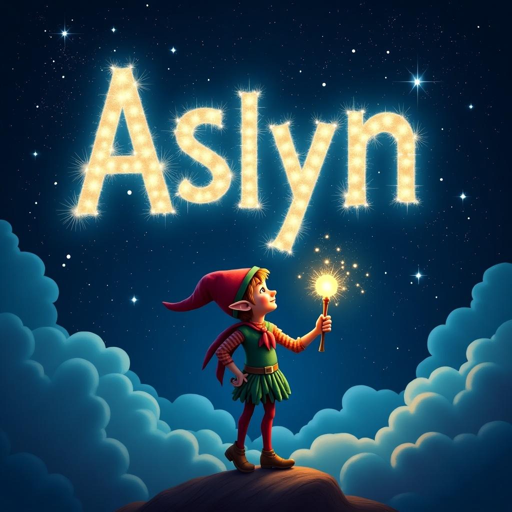 An elf uses a magical wand to write the name Aslyn in sparkling letters against a starry night sky. Dark clouds enhance the luminous text. The elf wears colorful clothing, adding to the whimsical atmosphere, with twinkling stars in the background.