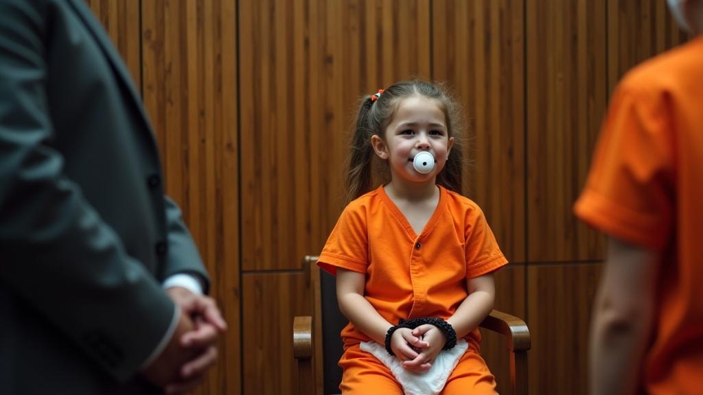 Tween girl appears as prisoner in orange jumpsuit and huge diaper. Handcuffed in courtroom. Pacifier in her mouth. Wooden panels surround her. She sits in cage and crying. Supportive audience includes judge and parents. Mother seeks harsher sentence for her. Other children beside parents with pacifiers waiting for judgment.
