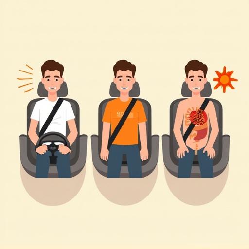 Flat educational illustration showing three car seat scenes demonstrating incorrect seatbelt use. Left: male figure driving with twisted seatbelt creating pressure marks. Middle: male passenger with shoulder belt under arm showing chest trauma. Right: male with lap belt high on stomach showing internal organs and potential damage. Clean flat style, minimal colors, beige background, orange highlights, bold outlines. No text. High resolution.