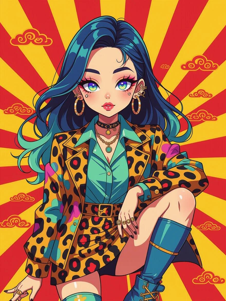 A refined digital art of a girl in bold attire. Multicolored aqua hair slicked back with vibrant glowing eyes. Wearing a collared shirt with animal print jacket and layered leopard skirt. Accessories include piercings and hoop earrings. Standing dynamically with knee up, against a psychedelic abstract background with red and yellow colors.