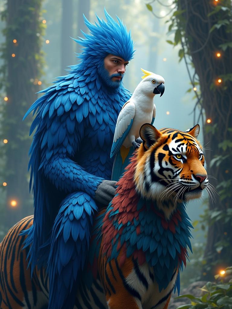 A digital painting features a blue feathered humanoid sitting upon a vibrant feathered tiger. The humanoid has captivating eyes with muscular design and flows of long feathers. It is accompanied by a white cockatoo on its arm. The background reveals a mystical rainforest with glowing vines, ethereal mist, and soft backgrounds, invoking a dreamlike atmosphere.