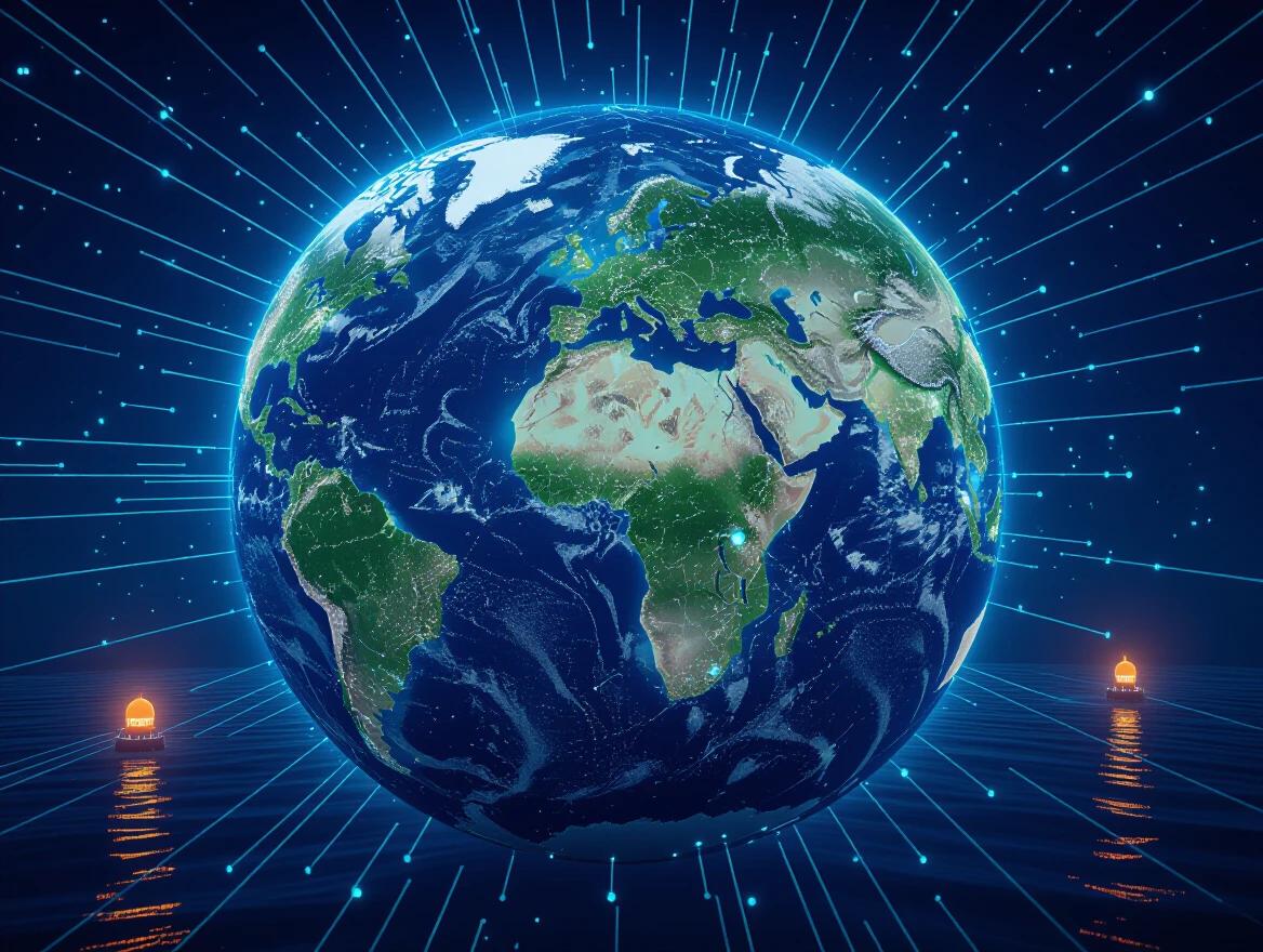 Graphic of Earth at night. Deep blue background with glowing cyan sensor nodes. Thin white lines converge towards three hub cities. Orange blinking buoys visible offshore. Cyber-map aesthetic with detailed land features. High-definition 4k resolution.