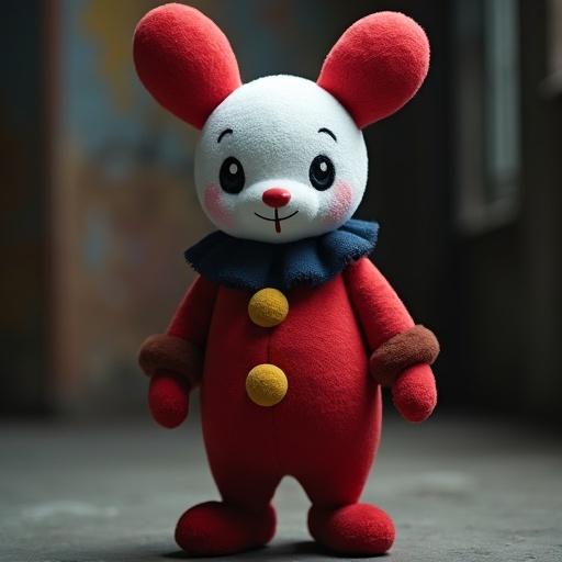 Humanoid representation of Mr. Mime from Pokémon franchise. Main colors red, white, and blue. Plush toy with facial features showing emotions, confident pose. Captured with professional lighting techniques. Ultra-detailed image with shallow depth of field.