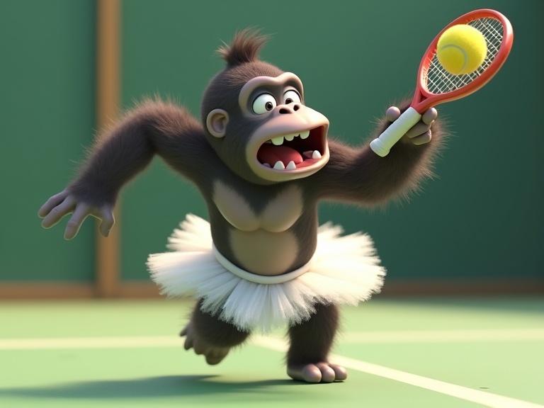 3D animation showing a whimsical gorilla in a white tutu tennis outfit. The gorilla reaches to hit a tennis ball with a funny expression. Exaggerated movement and sweat depicted as she runs on the tennis court.