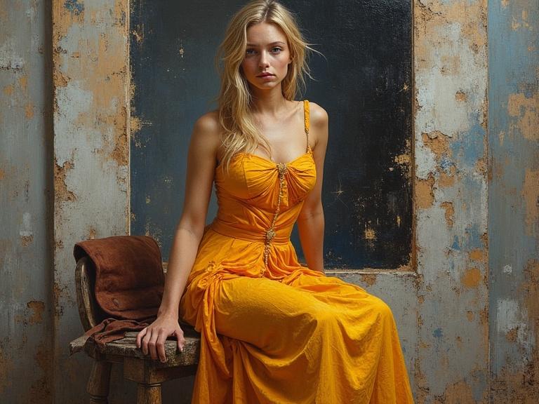 Female model poses sitting on a chair in a yellow dress. Rustic and vintage background with peeling paint. Natural lighting enhances the mood.