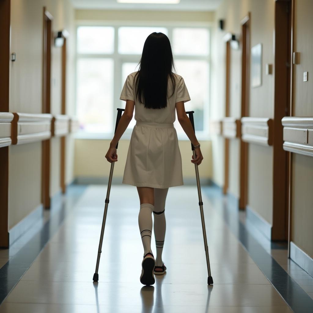 Young girl with amputated leg walking in hospital corridor using crutches