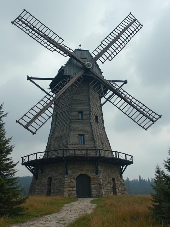 Gigantic mysterious medieval windmill with prominent blades and a stone base surrounded by greenery