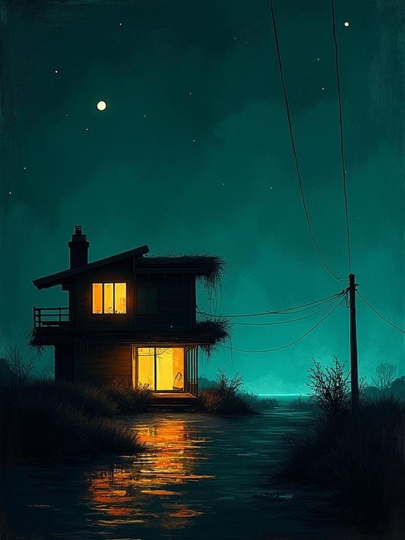 Digital oil painting with a minimalistic style. A house stands in a reflective water body at night. Harsh paint strokes create a unique silhouette. The background is predominantly black with a teal aqua color theme. Windows of the house glow warmly, indicating life inside. The setting is inspired by a noir 70's aesthetic.