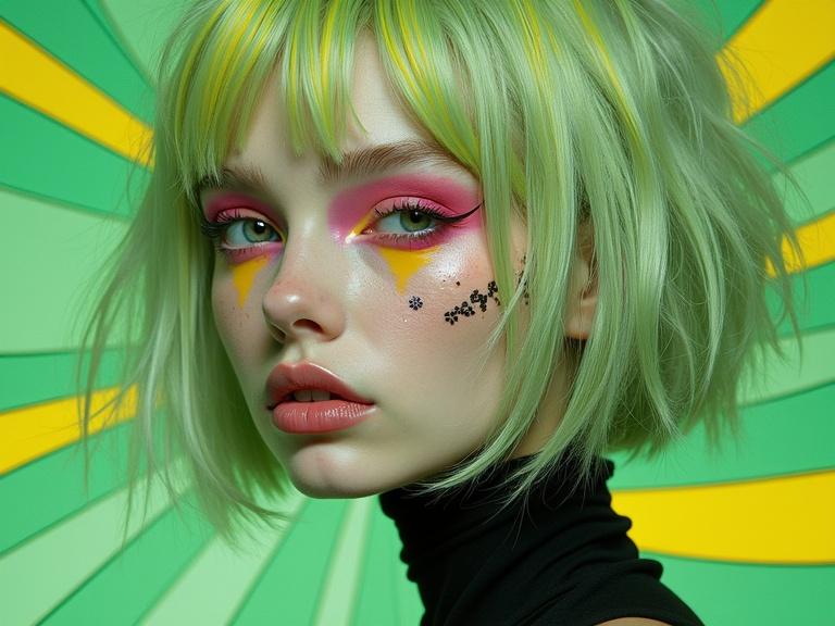 Bright surrealism art featuring a close portrait of a young female. She has shoulder-length green hair with yellow stripes and silver tips. The skin is pale with artistic patches resembling stained glass, and bold makeup emphasizes her eyes. Strong colors and gradients create a striking image.