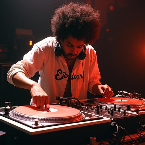 DJ Eustacio Espinar from Panama passionately performs on turntables while cutting tracks with speed. The DJ showcases intricate turntable tricks during a competition in 1992. The atmosphere is filled with energy and excitement.