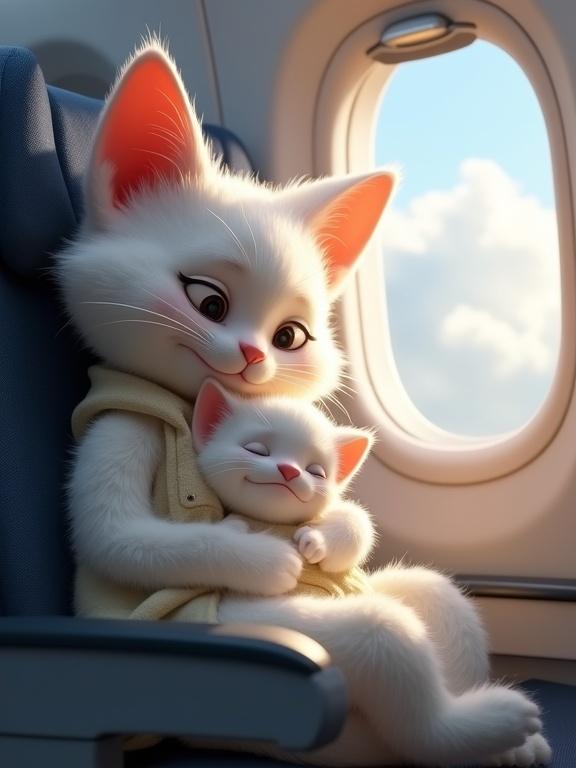 3D render featuring anthropomorphic white cat and humanoid kitten in airplane seat. Mother cat cradles kitten with love. Expressive eyes and soft fur. Well-lit cabin and ambiance enhance tenderness.