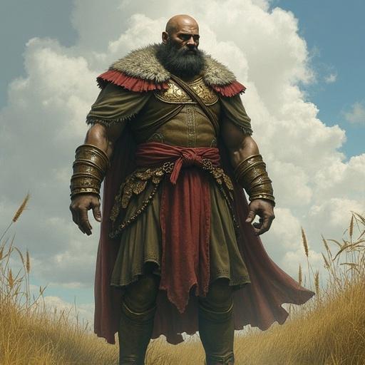 A Goliath monk character in fantasy style. He stands 8ft tall with intricate armor and a flowing cape. The landscape features golden wheat fields under a sky with soft clouds.