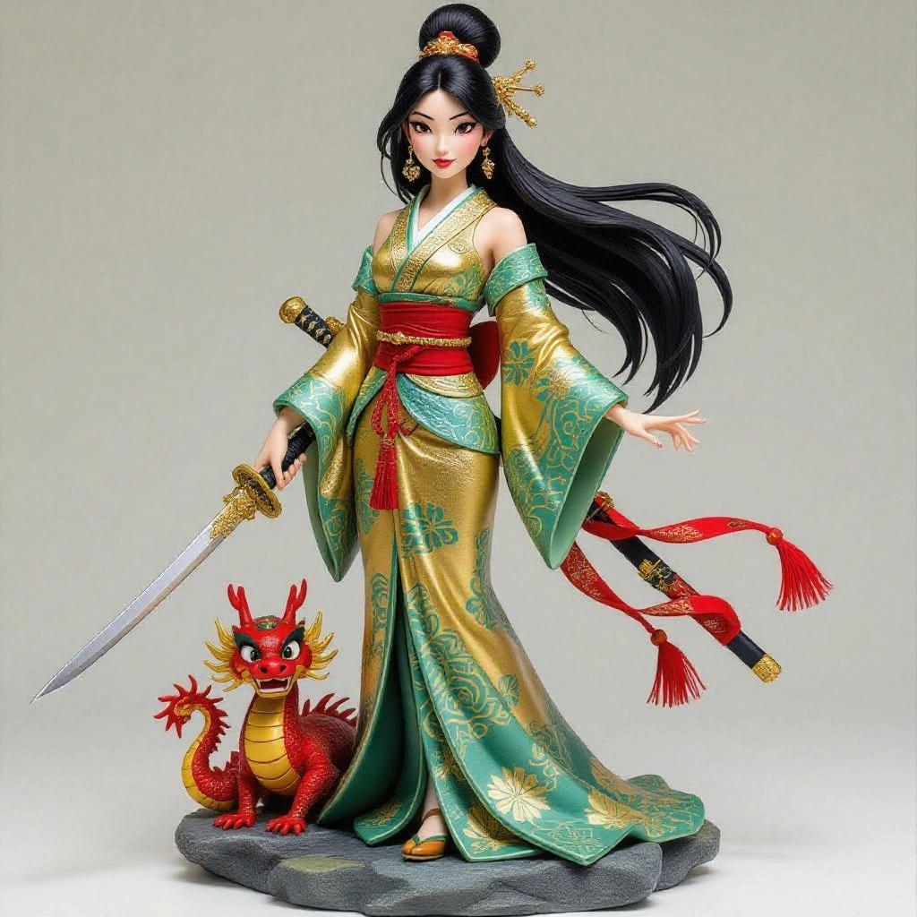 Resin figure of a beautiful Asian woman inspired by Mulan. She wears a traditional kimono in gold, blue, and green. Hair tied back in a high bun with gold embellishments. Strikes a powerful pose. Left shoulder carries a small red dragon. Holds a sword in her left hand and a cricket in her right. Determined gaze. Rock base. Studio background. Realistic resin finish for collectibles.
