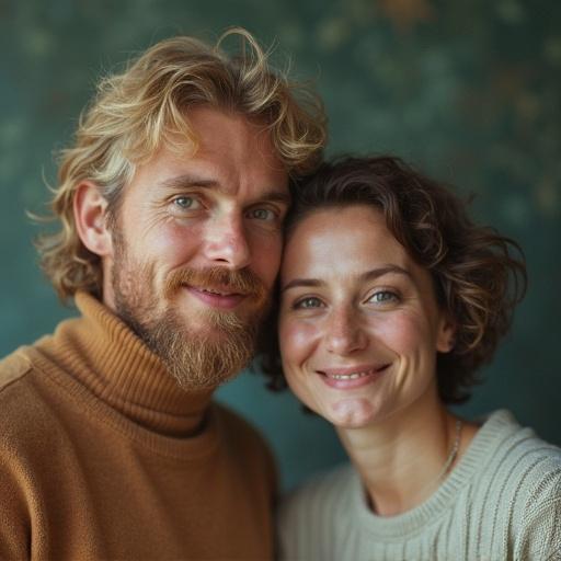 Portrait of a couple with warm smiles. Natural setting. Soft lighting creates a nostalgic atmosphere.