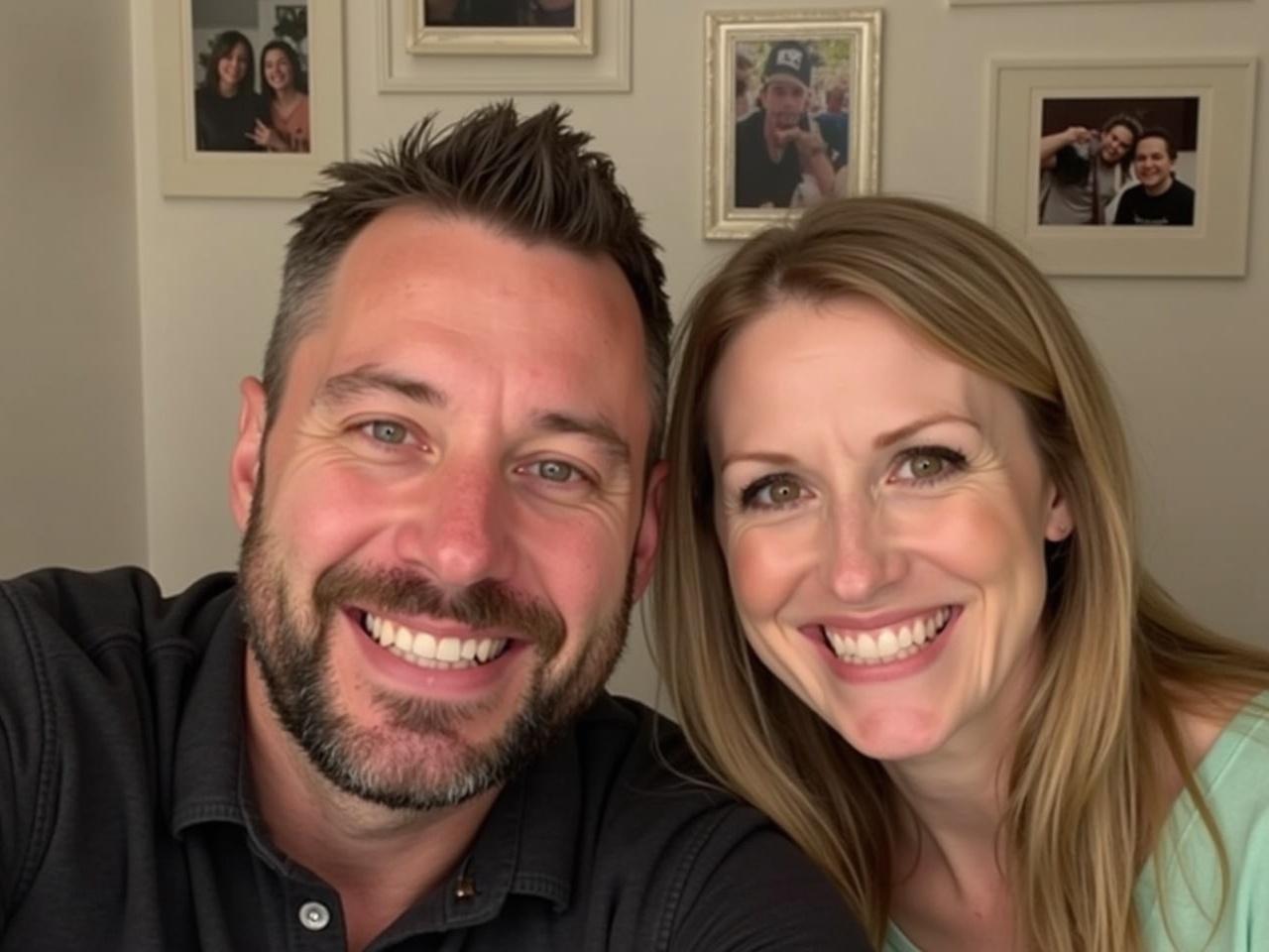 The image shows a happy couple taking a selfie together. They are both smiling, showcasing their cheerful expressions. The background has several framed photographs hung on the wall, adding a personal touch to the setting. The man is wearing a dark-colored shirt, while the woman is dressed in a light green top. The atmosphere appears warm and friendly, suggesting a close relationship between the two.