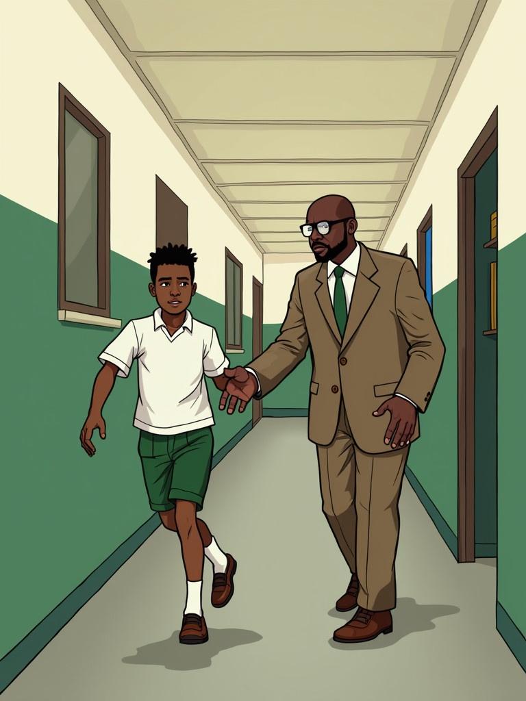 Long panel visual showing headmaster dragging Otaka from school hallway to office. Otaka is tired and barely aware of the situation. Style is cartoonish and slightly exaggerated. Otaka wears white shirt and green shorts. The headmaster wears a brown suit and green tie. The hallway is painted in white and green colors. Office has a desk and bookshelf.