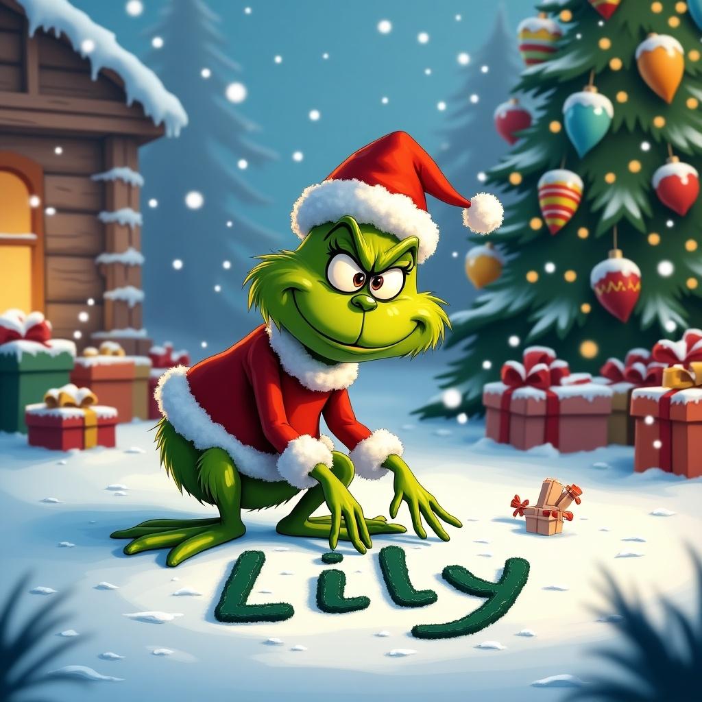 Cartoon character with green fur in Christmas area. Character writing on the ground. Name 'Lily' is displayed. Christmas tree and gifts are present.