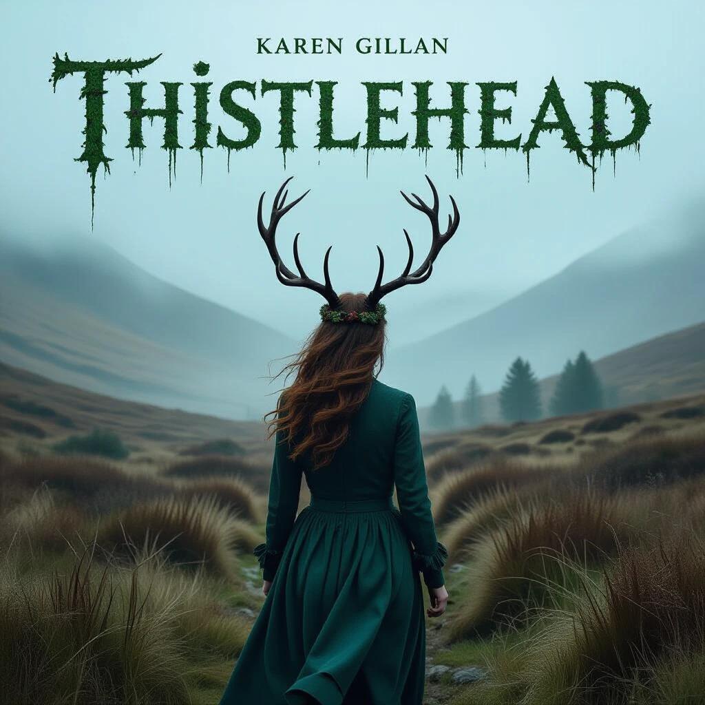 Movie poster for THISTLEHEAD shows Karen Gillan on highland moors. Title features thorn-wrapped serif design. Antlers grow from her head, fog surrounds her in a pale green hued landscape.