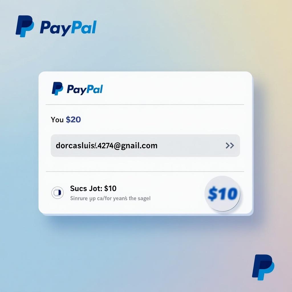 Generate a PayPal payment proof showing a $20 transaction. Include the email dorcasluis4274@gmail.com. Display payment details clearly.