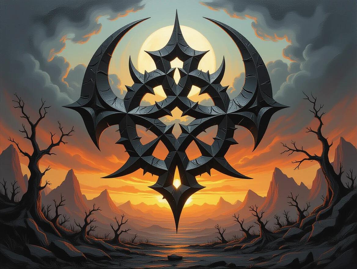 Masterpiece of sculptural oil painting. Extreme impasto technique. Dark fantasy landscape. Aggressive asymmetrical neotribal sigil. Purely abstract magical symbol. Sculpted from thick matte oil paint. Rejecting metallic sheen.