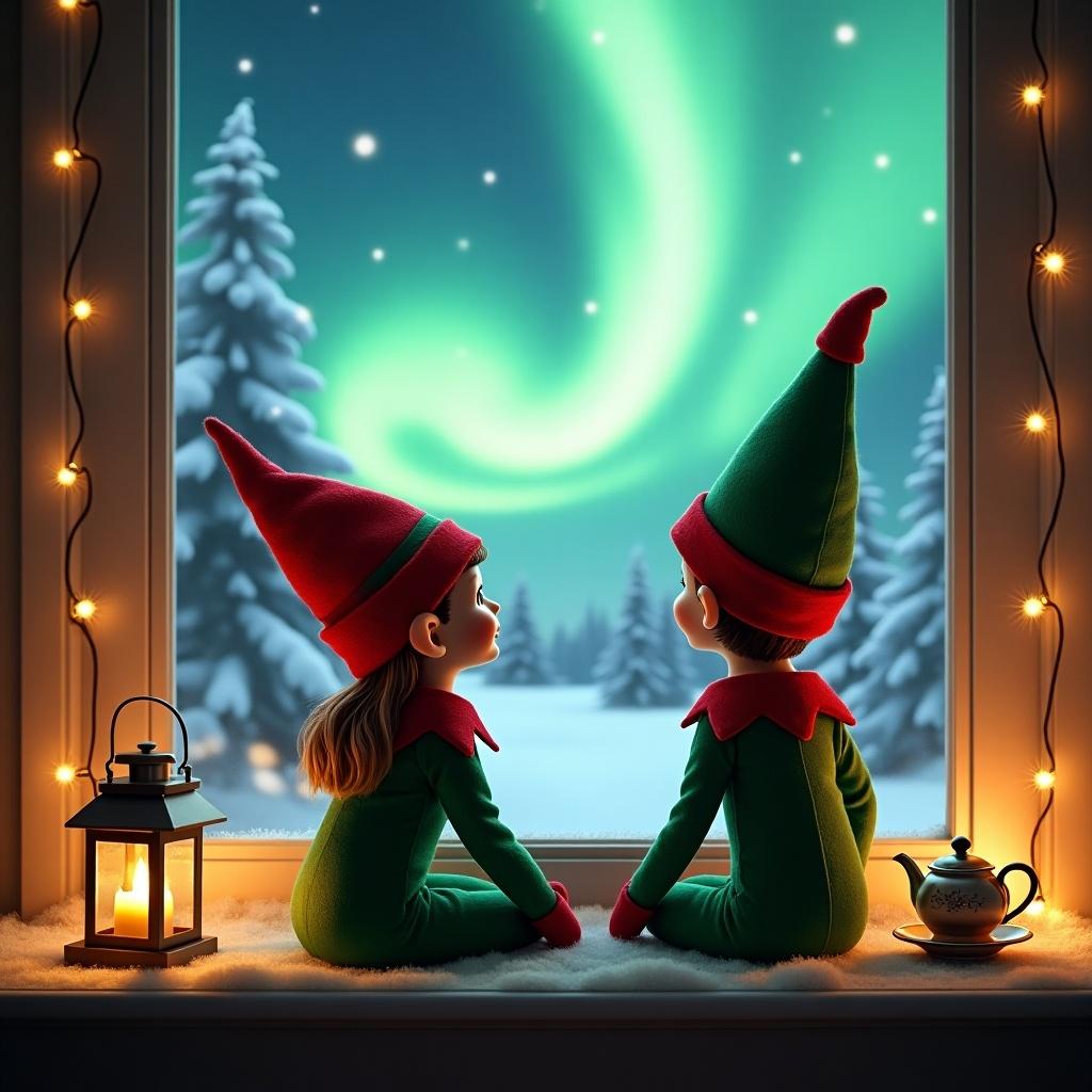 Image features two elf characters in green and red costumes. The elves sit by a window with northern lights visible outside. The scene shows a snowy landscape decorated with lights. A glowing lantern and teapot are present. The atmosphere feels festive and magical.