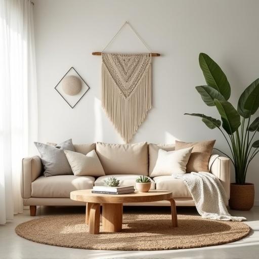 Cozy minimalist boho living room features white walls and a soft beige sofa. Includes a jute rug, indoor plants, and a macrame wall hanging. Rustic wooden coffee table completes the aesthetic. Warm neutral palette with sunlight filtering through sheer curtains. High-resolution image designed for Pinterest engagement.