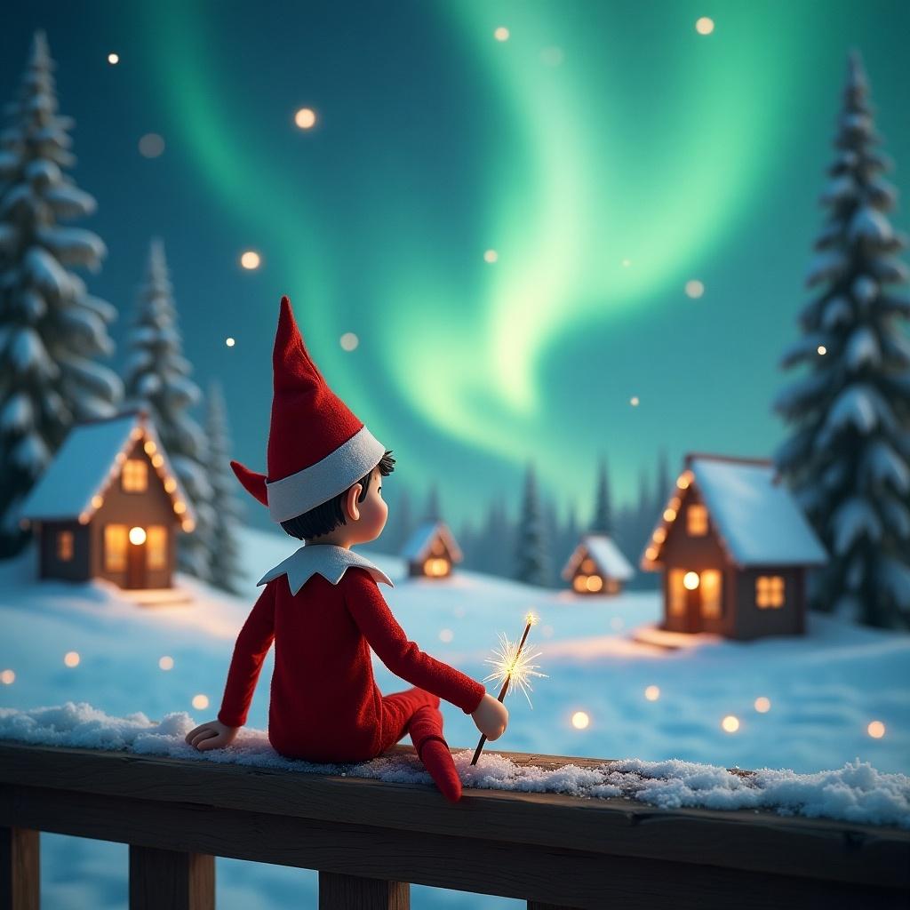 Elf on wooden ledge gazes at magical sky. Elf wears red outfit with pointed hat. Sparkly wand in hand. Background has snowy landscape, little houses, evergreen trees, shimmering Northern Lights. Scene captures childhood magic and Christmas cheer.