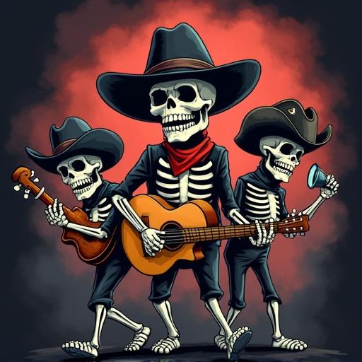Illustration of three skeletons on a black t-shirt. Central skeleton is larger, wearing a dark cowboy hat and red bandana. It holds a guitar. Left skeleton wears a cowboy hat and plays a smaller instrument. Right skeleton wears a pirate hat and holds a spyglass. They are dancing against a muted red and gray smoky background. Style is cartoonish and whimsical.