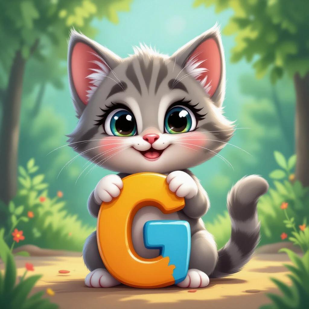 Cute cartoon kitten with expressive eyes. Kitten has an expression of joy while holding the letter G. Bright colors used throughout the scene. Kitten interacting with the letter creatively.