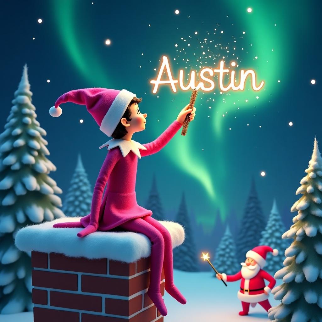 A pink elf on a shelf is sitting on a chimney. The elf uses a sparkling wand to write 'Austin' in the night sky. The background has northern lights, snow-covered trees, and Santa Claus in the distance. The scene captures a whimsical holiday spirit.