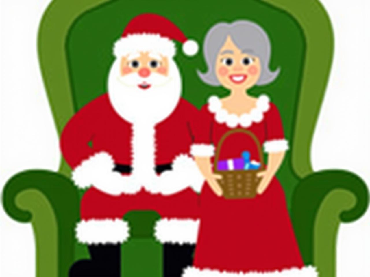 The image features a cartoon representation of Santa Claus and Mrs. Claus sitting together on a green upholstered chair. Santa is wearing his traditional red suit and hat, with white fur trim, and has a white beard. He is seated with his hands resting on his knees. Mrs. Claus is dressed in a red dress with white trim and has silver hair styled elegantly. She is holding a basket in her lap, possibly containing gifts or treats. The overall style is cheerful and festive, fitting for a holiday theme.