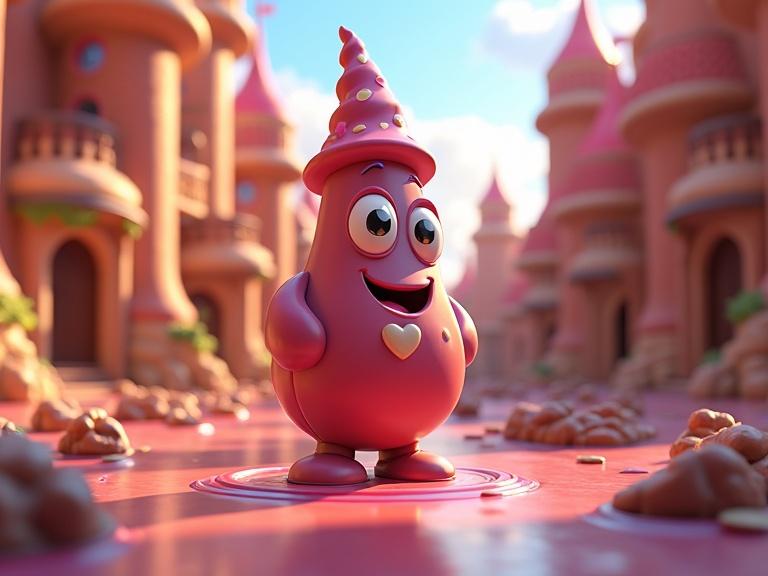 Disney inspired 3D vibrant playful digital illustration featuring a whimsical character in a chocolate kingdom. Bright colors and cheerful atmosphere with playful elements present in a Candyland theme.