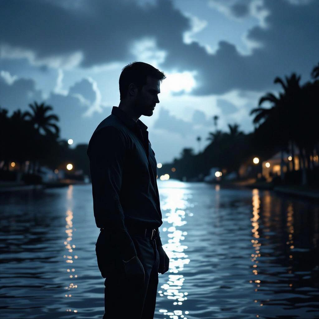 Very dark silhouette themed album cover. Nighttime in Miami. Man standing by the water.