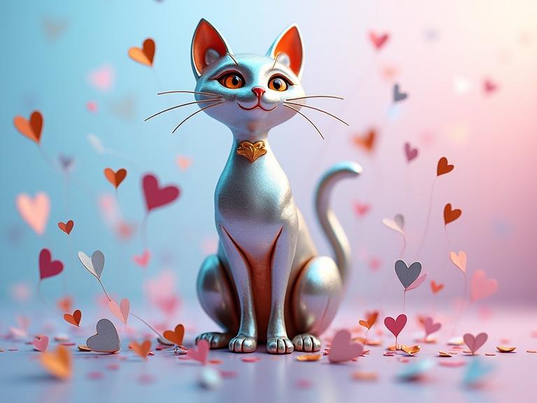 Sleek metallic cat stands proudly. Background of polished metal. Body crafted in blue white orange gold silver tones. Gold elements with lustrous finish. Silver with shimmering sheen. Tiny hearts surround the cat. Hearts in silver orange pink gold. Background blends pastel colors pale blue soft pink lilac. Evokes themes of love joy.
