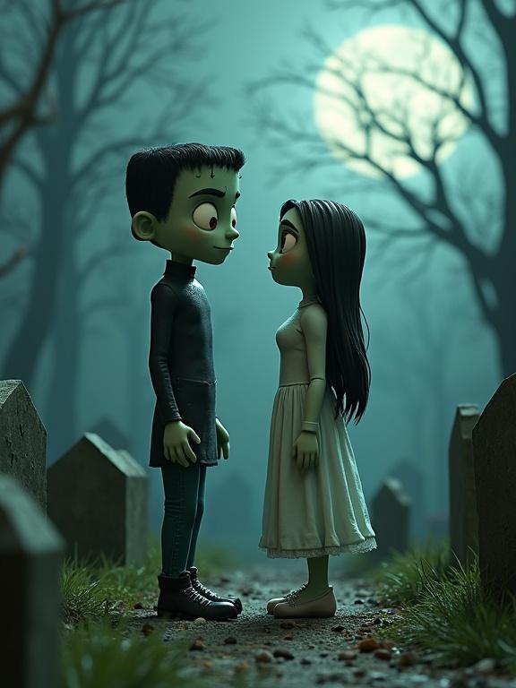 Whimsical 3D animation capturing a Frankenstein character and his bride in a misty graveyard. The scene features crooked headstones and moonlight. Characters are styled with large eyes and unique features. Emphasizes a blend of nostalgic animated charm and quirky aesthetics.