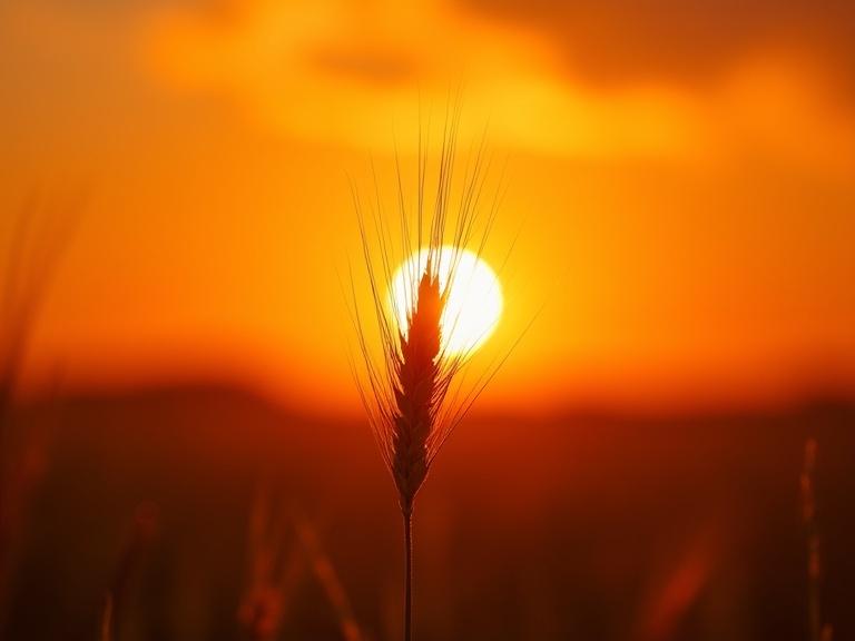 High-definition photograph of a sunset in a field with a vibrant orange sky. Single wheat stalk centered with sun setting behind it. Glowing halo effect through its bristles. Background softly focused in warm tones of orange, red, and brown. Evokes tranquil rustic atmosphere.