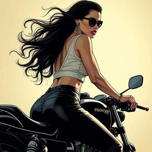 A woman with long dark hair rides a black sport motorcycle. She wears tight black leather pants and a low-cut white blouse. Her hair flows behind her and she has dark sunglasses. The image features dramatic lighting and comic noir style. The scene has deep shadows and bold inking. Highlights from the sun accentuate her skin and the breeze moves her hair. Long shot taken from behind.