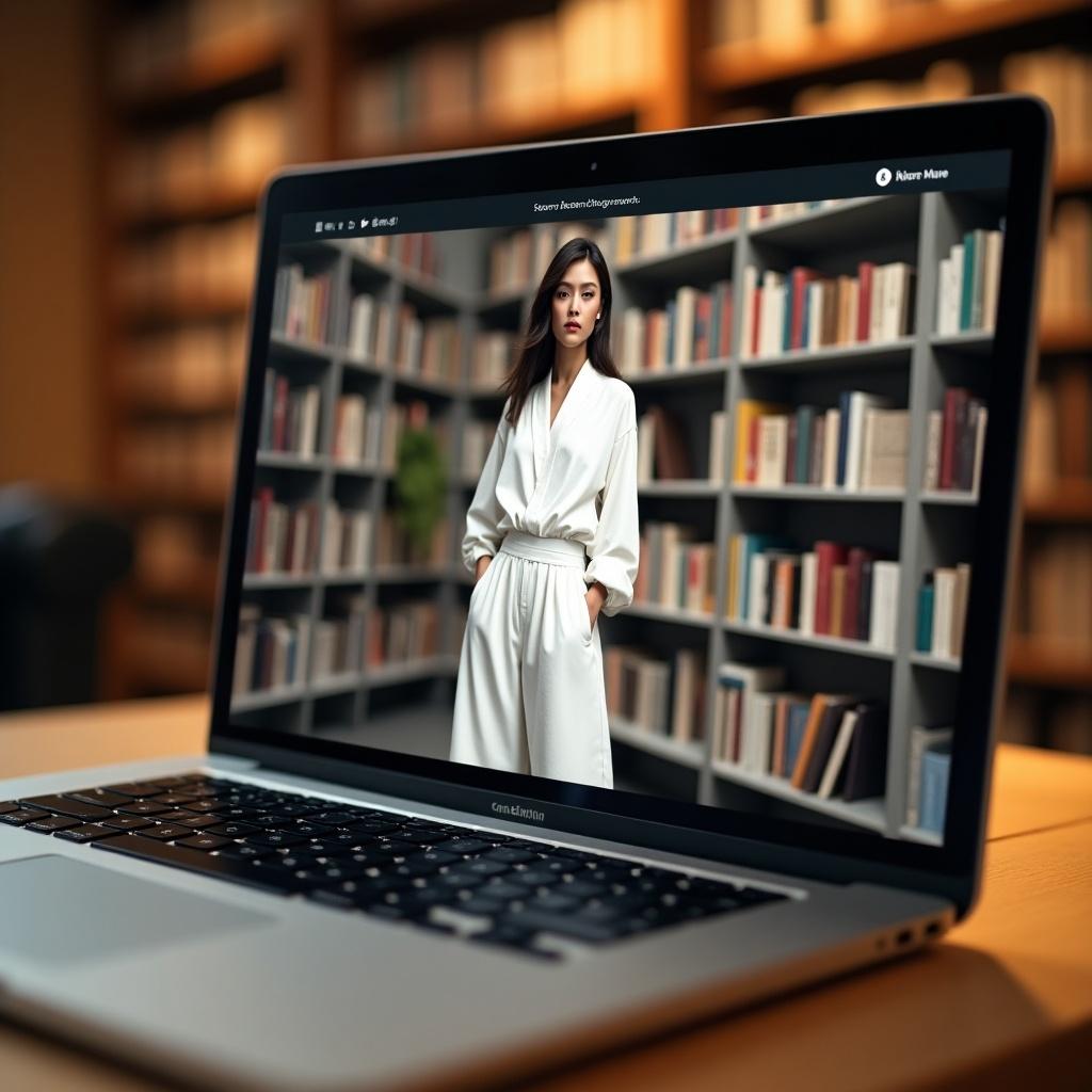 Close up of a laptop screen showing a woman in trendy white clothes. Background features a blurred library. Demonstrates fashion style.