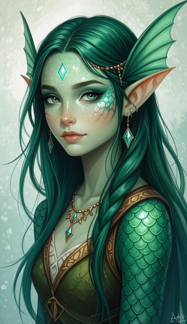 Acrylic painting of a young druidic fish-girl. She has sharp finned ears and teal skin. Wearing fantasy clothing inspired by Theros. Features long green hair and scales. Amphibian-like appearance.
