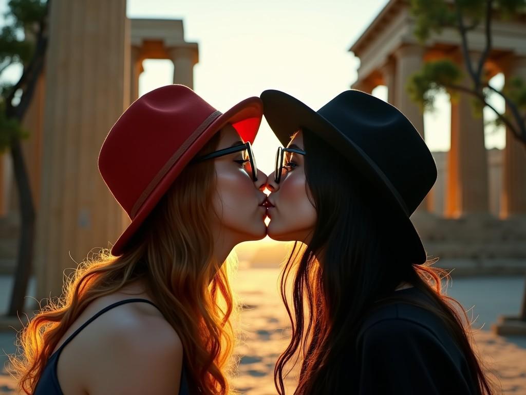 a romantic scene of two people kissing at sunset, both wearing fashionable hats and glasses, with ancient architecture in the background