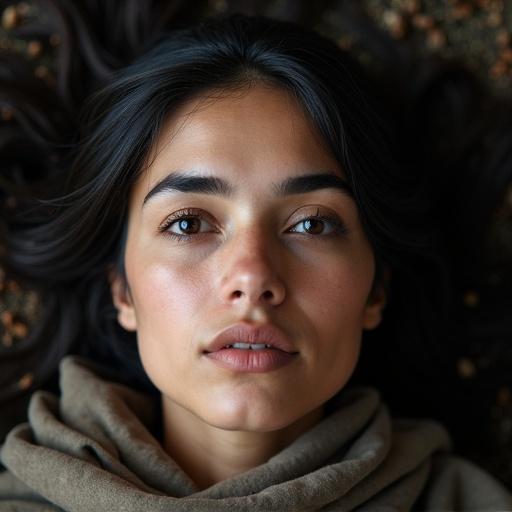 Generate a realistic portrait of a Scottish-Pakistani female with dark brown eyes and black hair. The model has dark skin and thick eyebrows. The focus is on her expression.