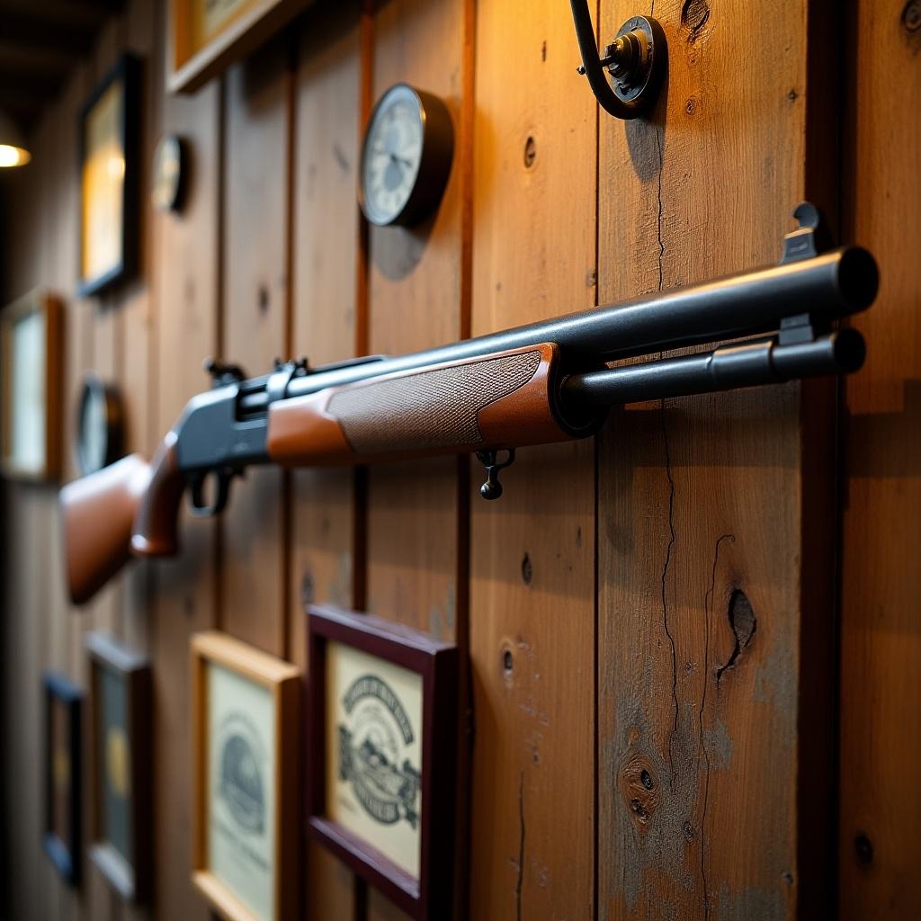 This image features a shotgun elegantly mounted on a wooden wall. The shotgun is sleek and well-maintained, showcasing its smooth wooden grip and polished barrel. Surrounding the firearm are framed pictures, adding a rustic and cozy feel to the setting. The warm lighting creates an inviting atmosphere, enhancing the natural wood tones of the wall. This display could serve as inspiration for a hunting-themed room or a dedicated gun enthusiast's decor.