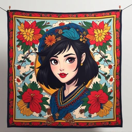 Illustration of a young woman with black hair. Bright colors around her. Floral patterns on a square silk scarf.
