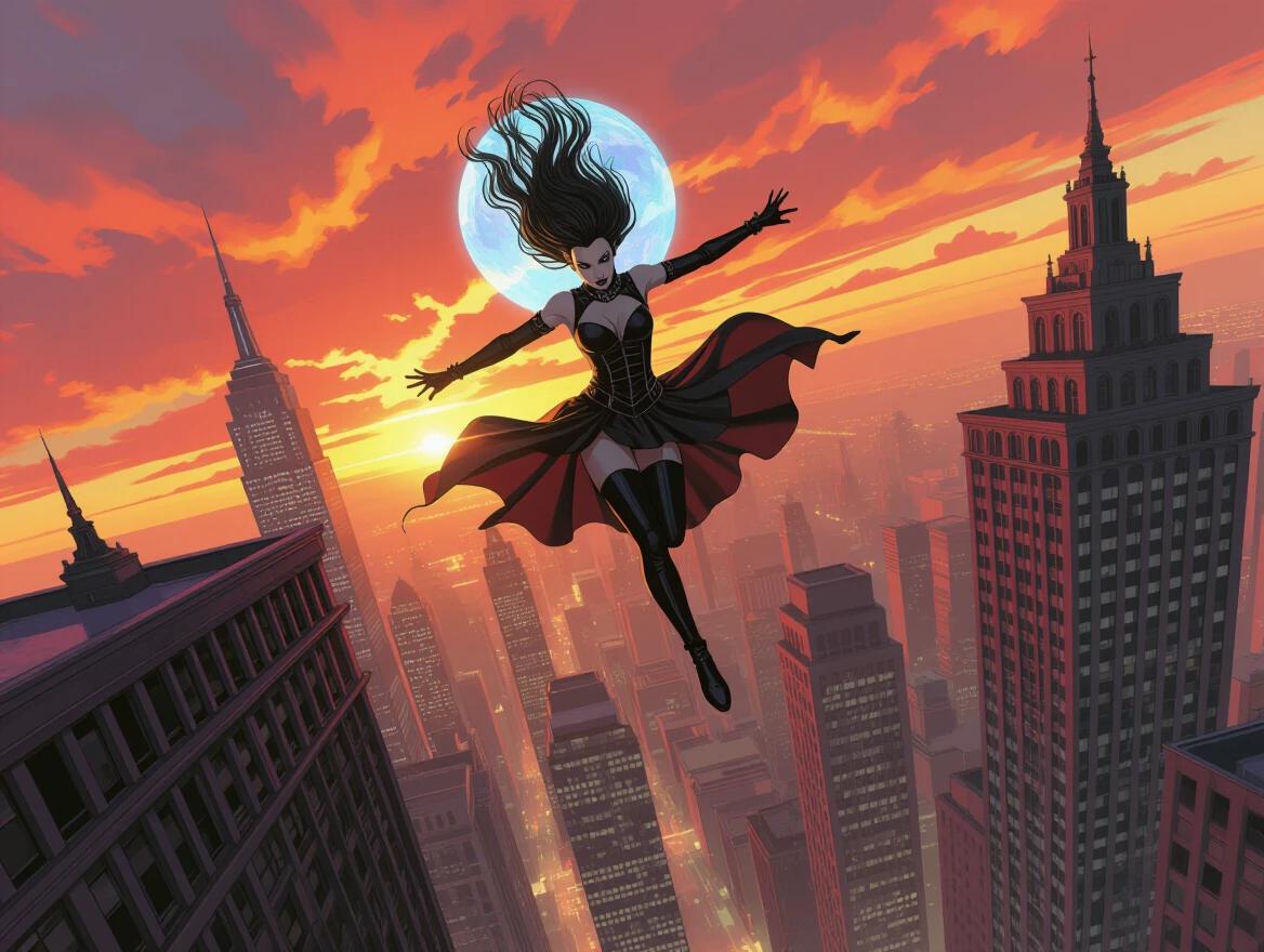 An extreme perspective focuses on a gothic woman leaping off a skyscraper. The vibrant red sky and clouds add drama to the scene. A city skyline forms the background, emphasizing height and action.